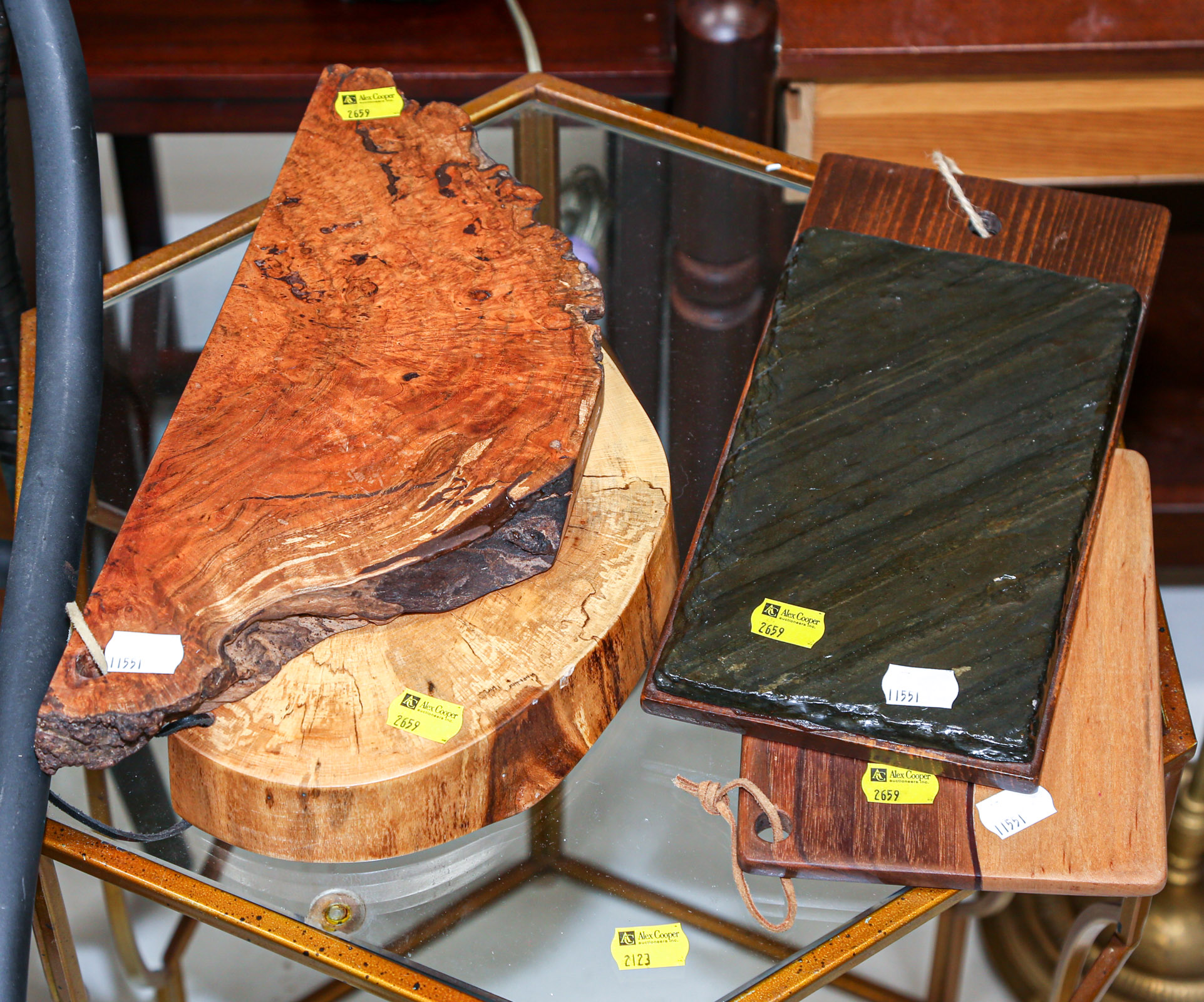 Appraisal: THREE WOOD CUTTING BOARDS One with applied stone