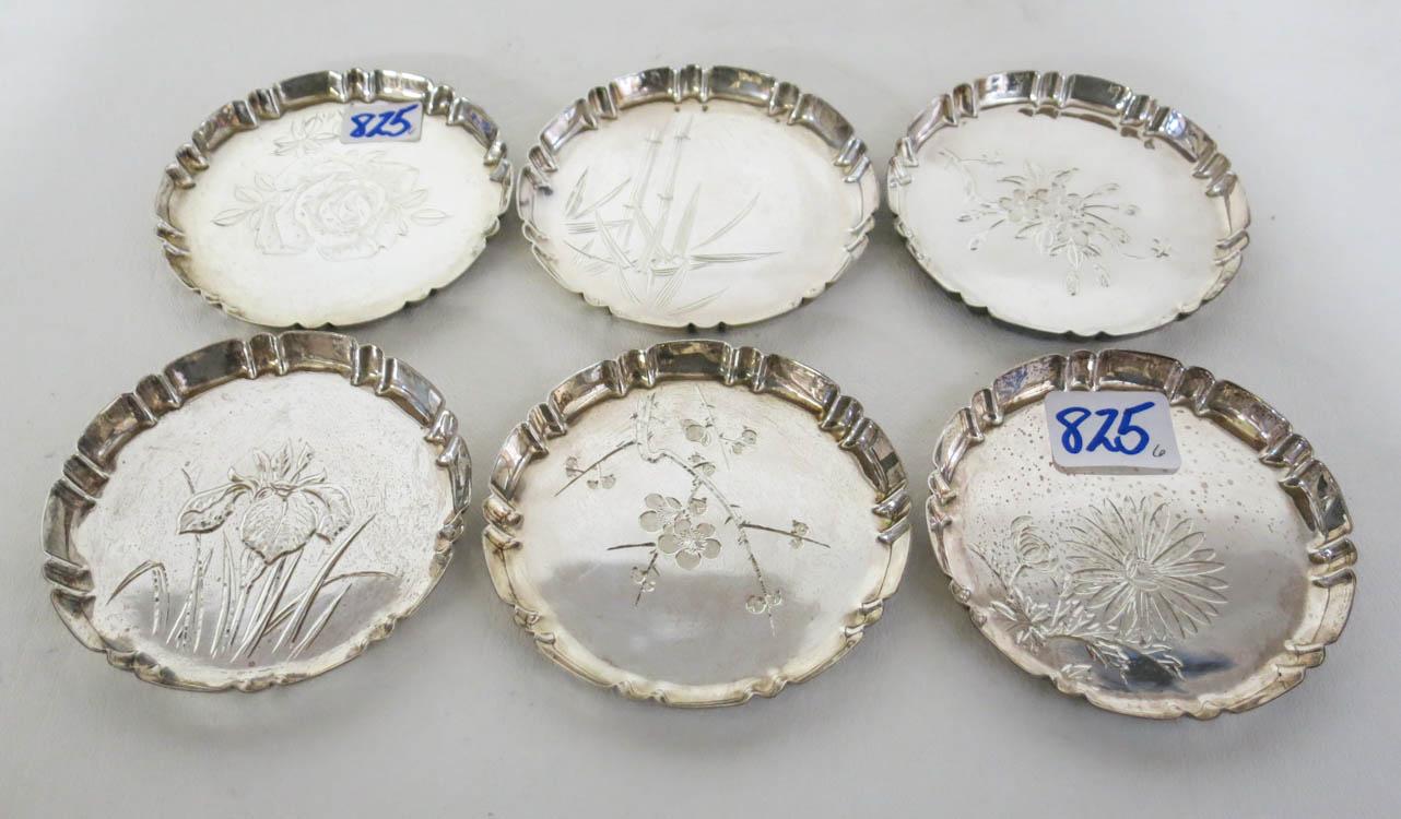 Appraisal: SET OF SIX JAPANESE STERLING SILVER COASTERS engraved with various