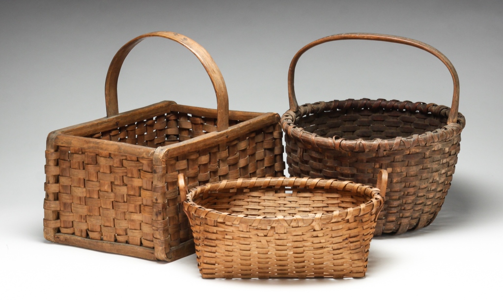 Appraisal: THREE AMERICAN BASKETS Early th century Woven splint with bentwood