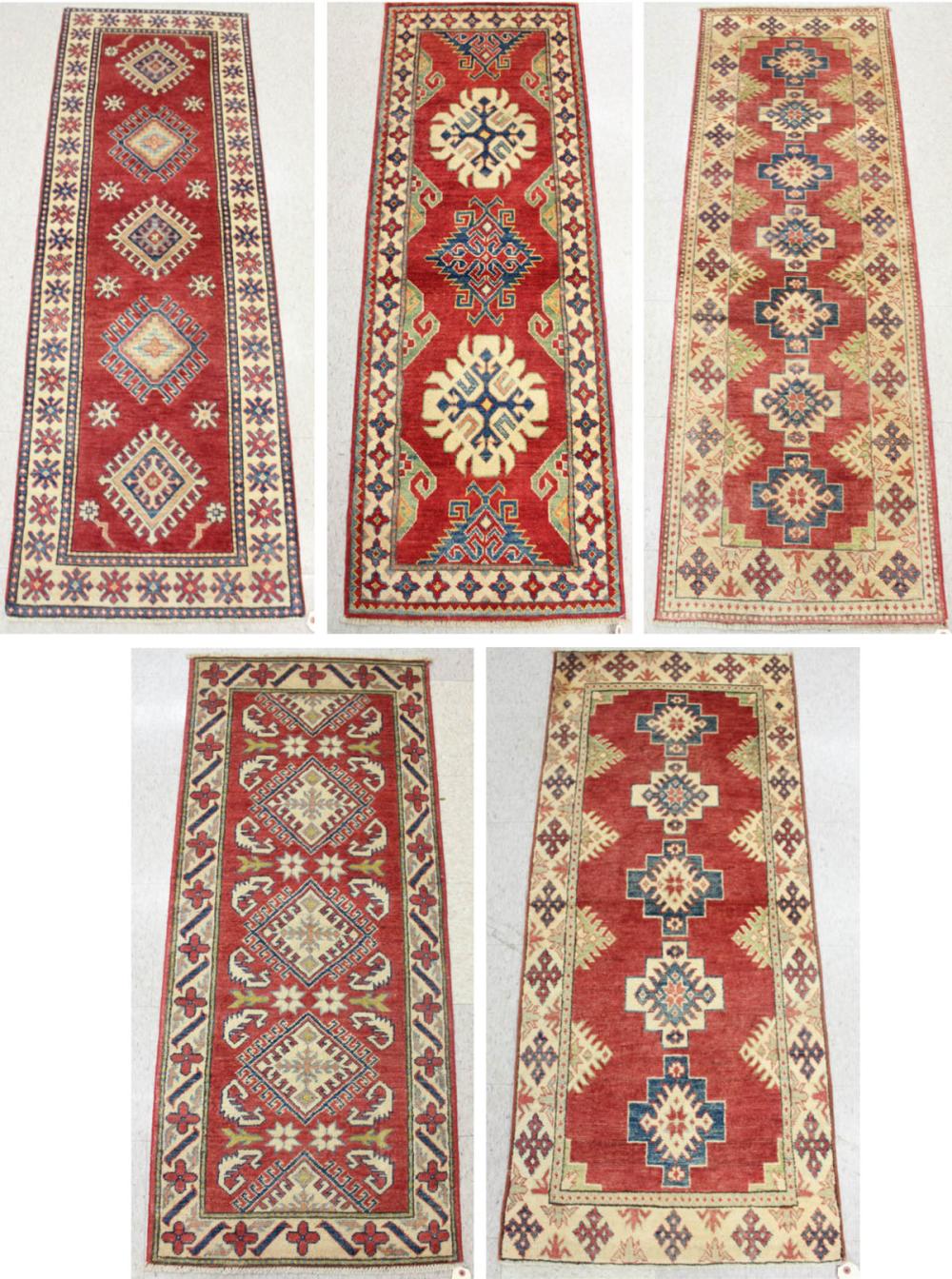 Appraisal: FIVE HAND KNOTTED ORIENTAL AREA RUGS Pakistani-Caucasians geometric design on