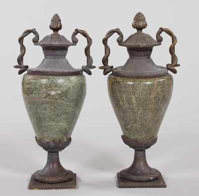 Appraisal: A Large Pair of Marble Urns with Metal Mounts Apprx