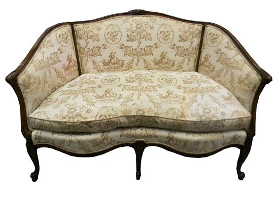 Appraisal: French style settee fruitwood cream-colored and caf au lait toile