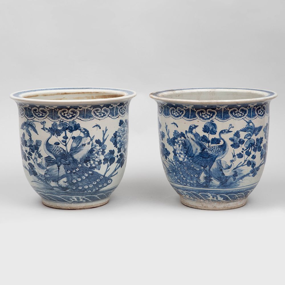 Appraisal: Pair of Chinese Blue and White Porcelain Jardini res Decorated