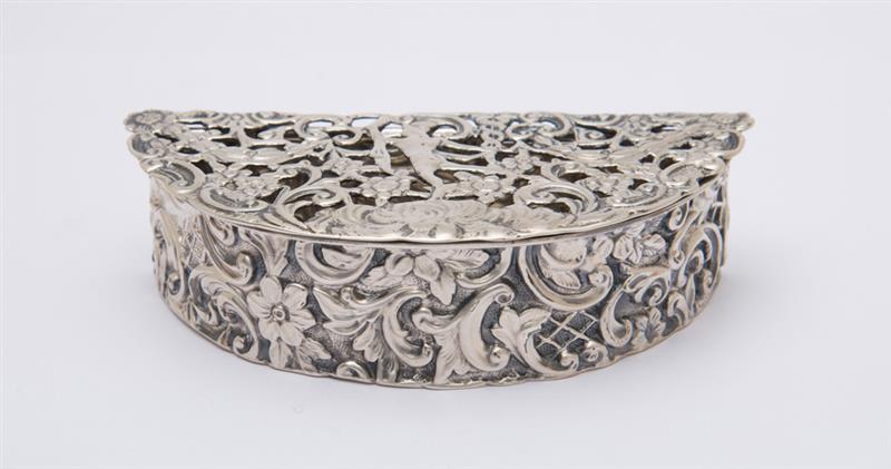 Appraisal: ENGLISH SILVER D-SHAPE BOX H M Chester the pierced hinged