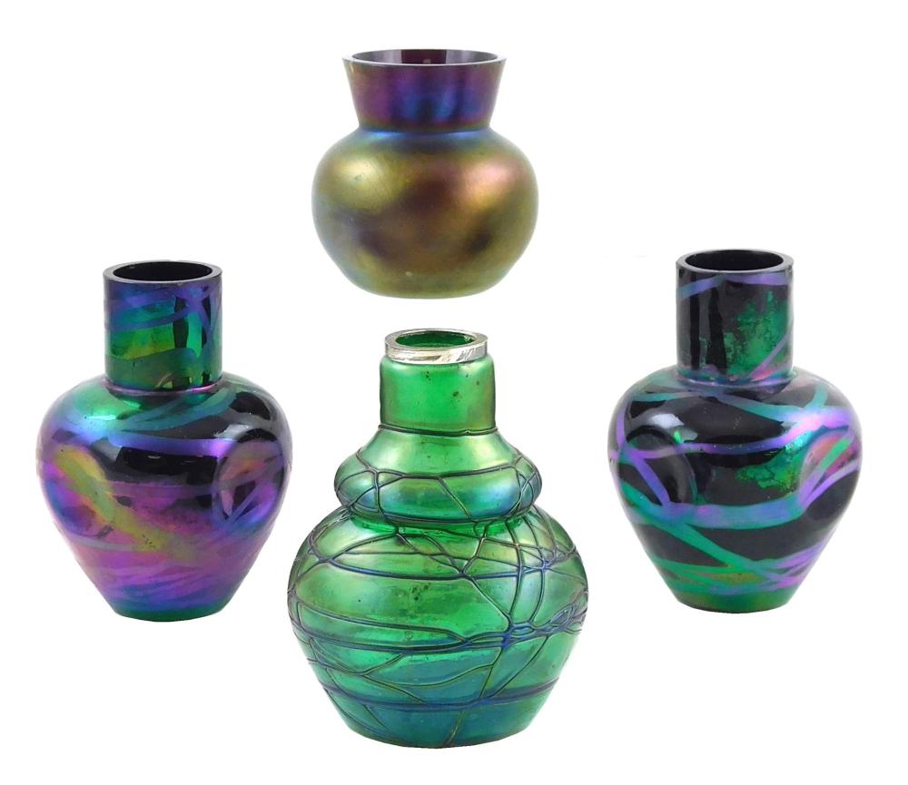 Appraisal: GLASS Four iridescent art glass vases Continental early th C