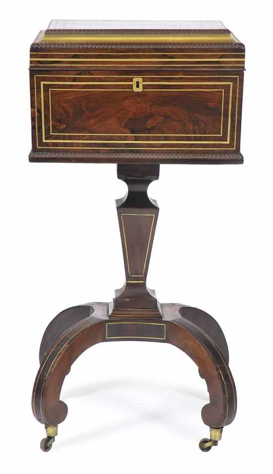 Appraisal: A GEORGE IV BRASS INLAID ROSEWOOD TEAPOY The finely figured