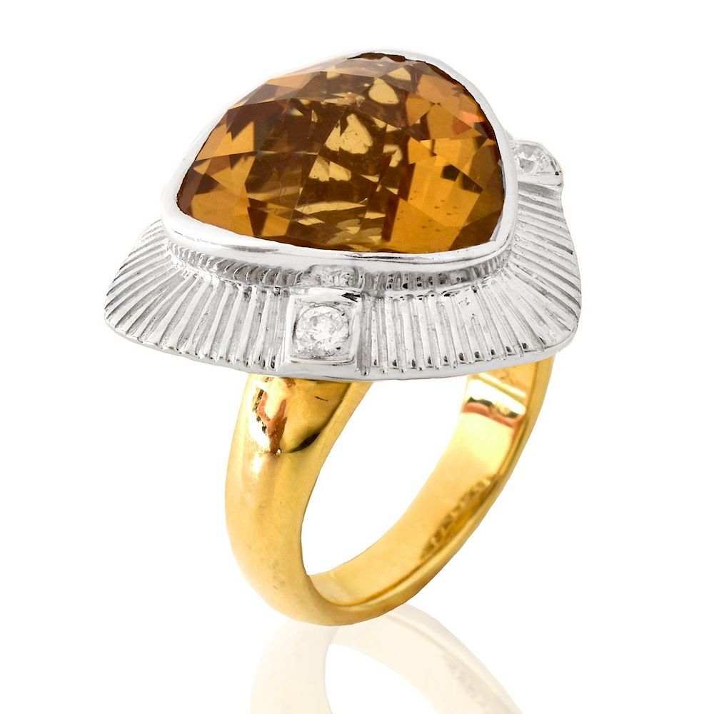 Appraisal: Citrine Diamond and K Gold Ring Triangular Shape Citrine Round