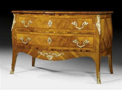 Appraisal: CHEST OF DRAWERS Louis XV Bern th century Walnut burlwood