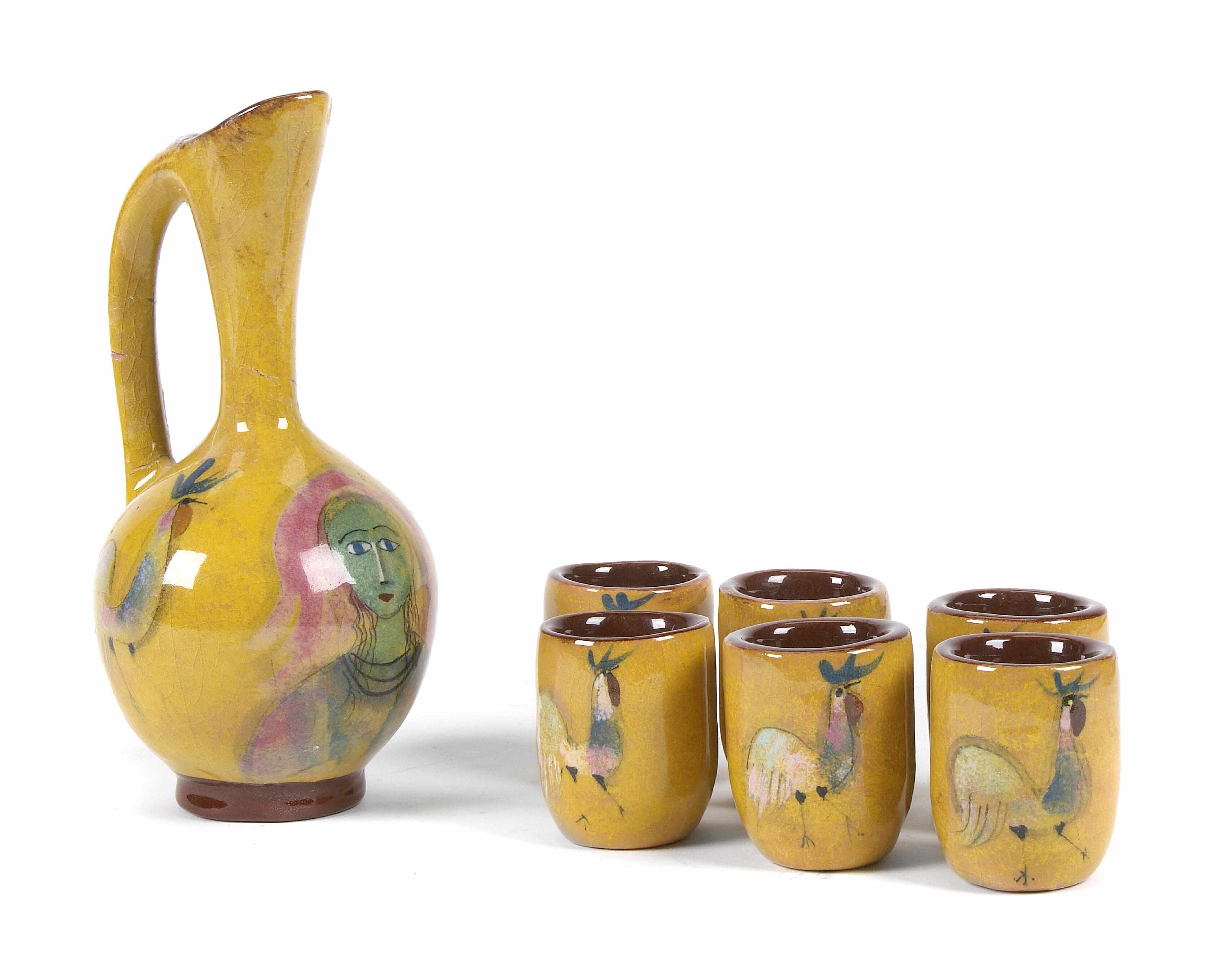 Appraisal: A Polia Pillin glazed earthenware small pitcher with six cups