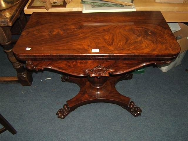 Appraisal: A William IV rosewood card table with green baize interior