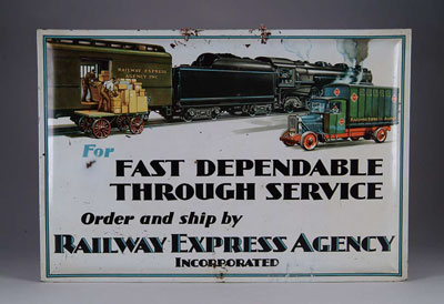 Appraisal: RAILWAY EXPRESS SIGN Wonderful old tin sign has graphics of