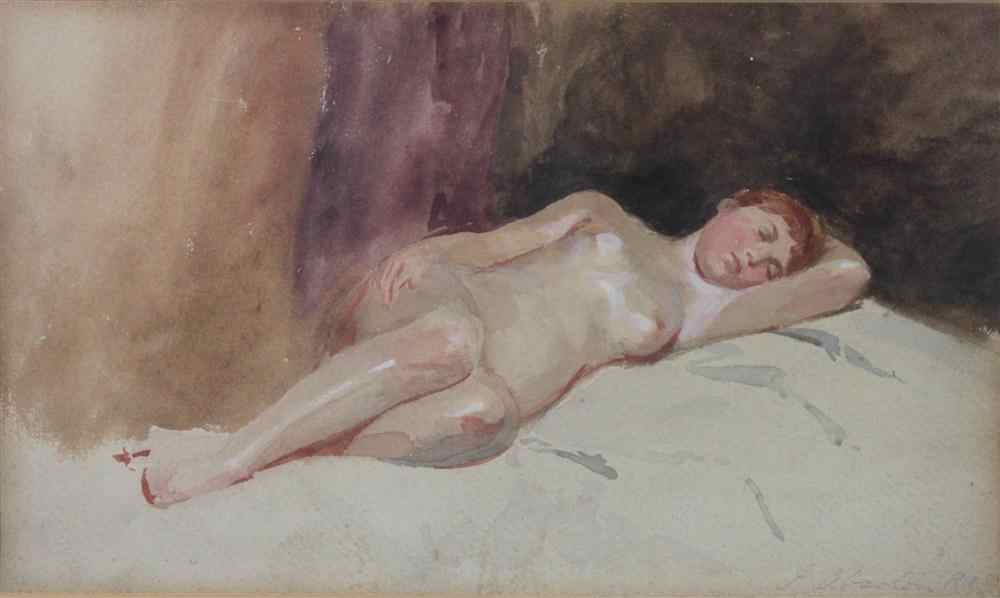 Appraisal: JOHN ABSOLON BRITISH - RECLINING NUDE Watercolor on artistboard x