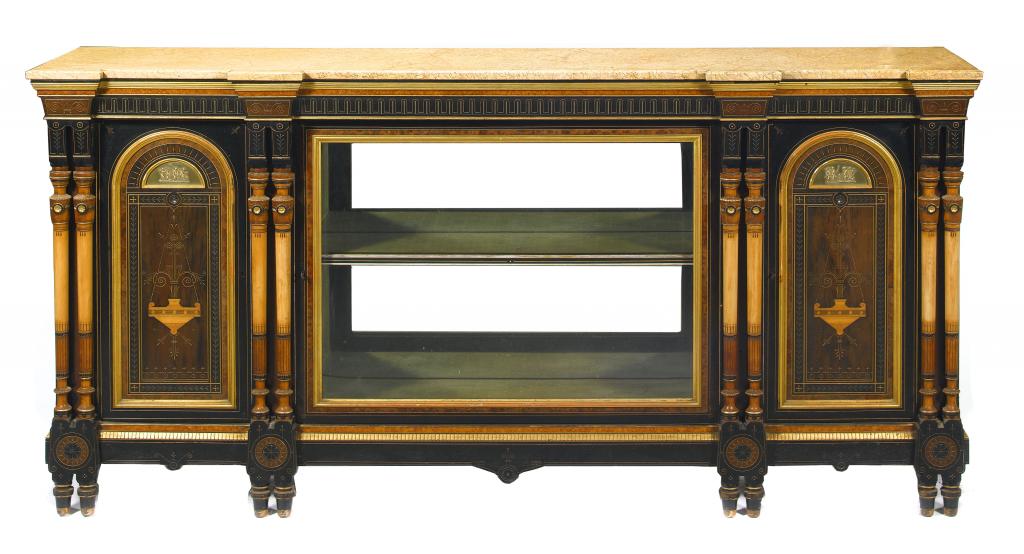 Appraisal: A VICTORIAN EBONISED MAHOGANY AMBOYNA SATINWOOD PALISANDER AND PARCEL GILT