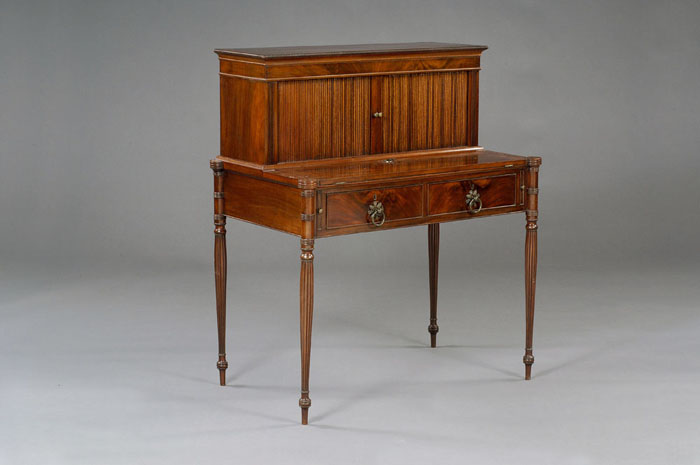 Appraisal: SALEM MASSACHUSETTS SHERATON CARVED MAHOGANY TAMBOUR DESK ATTRIBUTED TO WILLIAM