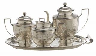 Appraisal: Japanese Sterling Three Piece Tea Service with Tray Pair of