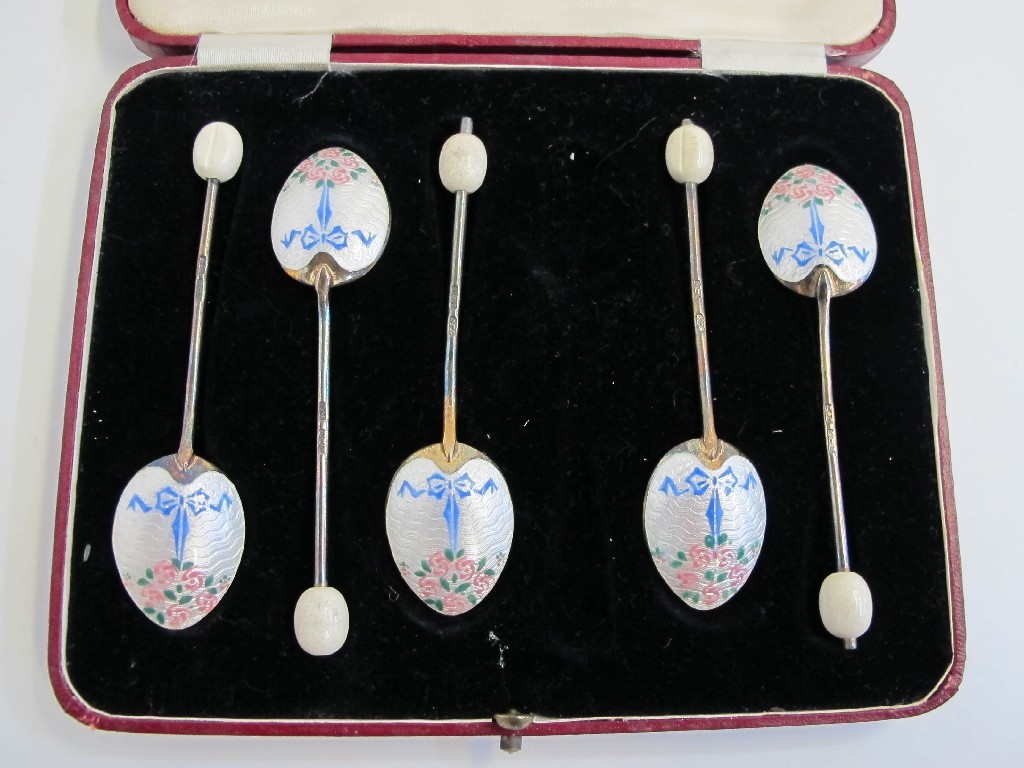 Appraisal: Cased set of five silver and enamel coffee spoons Birmingham