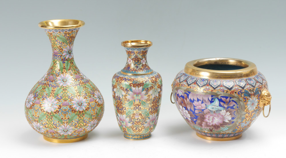 Appraisal: PIECE RAISED CLOISONNE VASES BOWL pieces total each with gilt