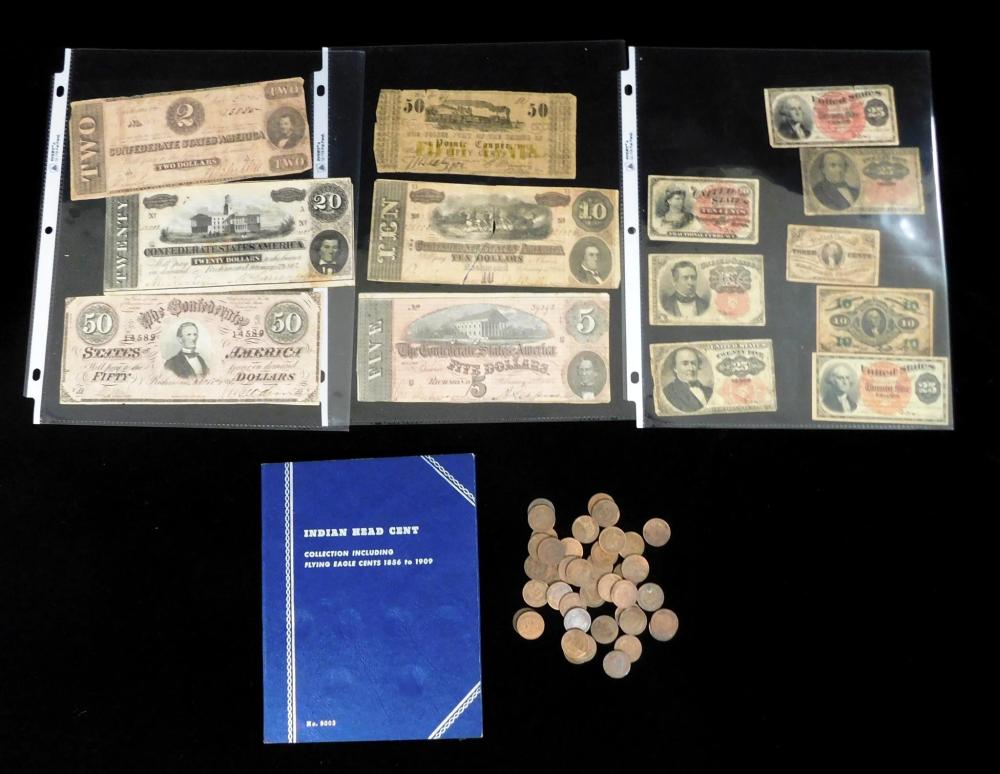 Appraisal: COINS Lot of Fractional currency Confederate notes and Indian cents