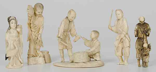 Appraisal: Japanese Ivory Okimono Figures Japan An assembled group of five