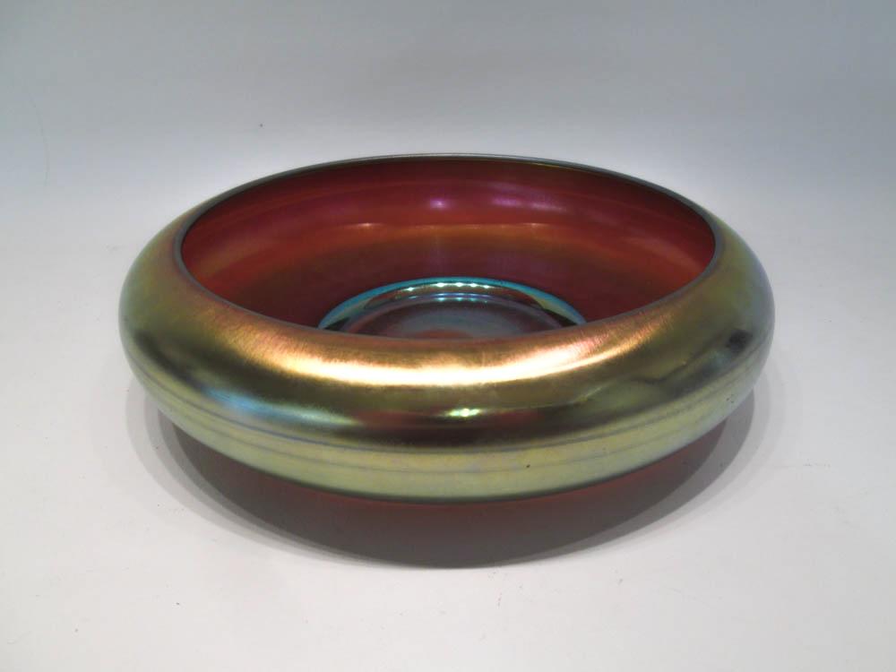 Appraisal: AURENE GOLD IRIDESCENT ART GLASS BOWL low profile engraved Aurene