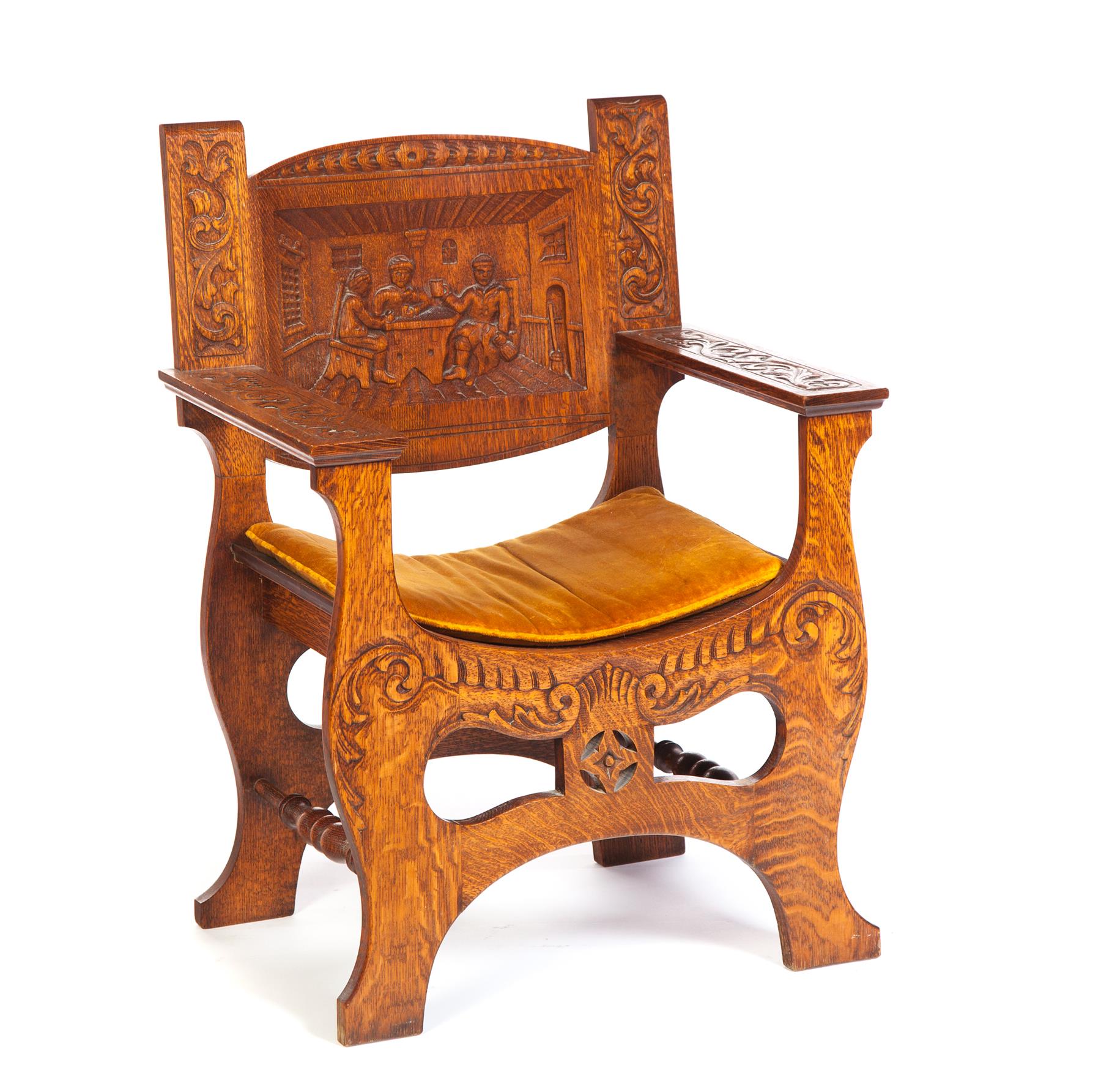 Appraisal: CARVED ARMCHAIR WITH TAVERN SCENE American in the European-style ca