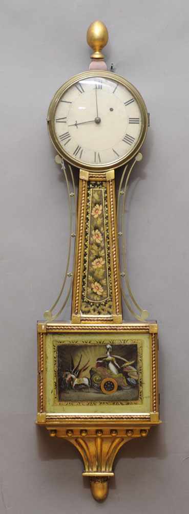 Appraisal: FEDERAL BRASS-MOUNTED MAHOGANY AND PARCEL-GILT BANJO CLOCK WITH EGLOMIS PANELS