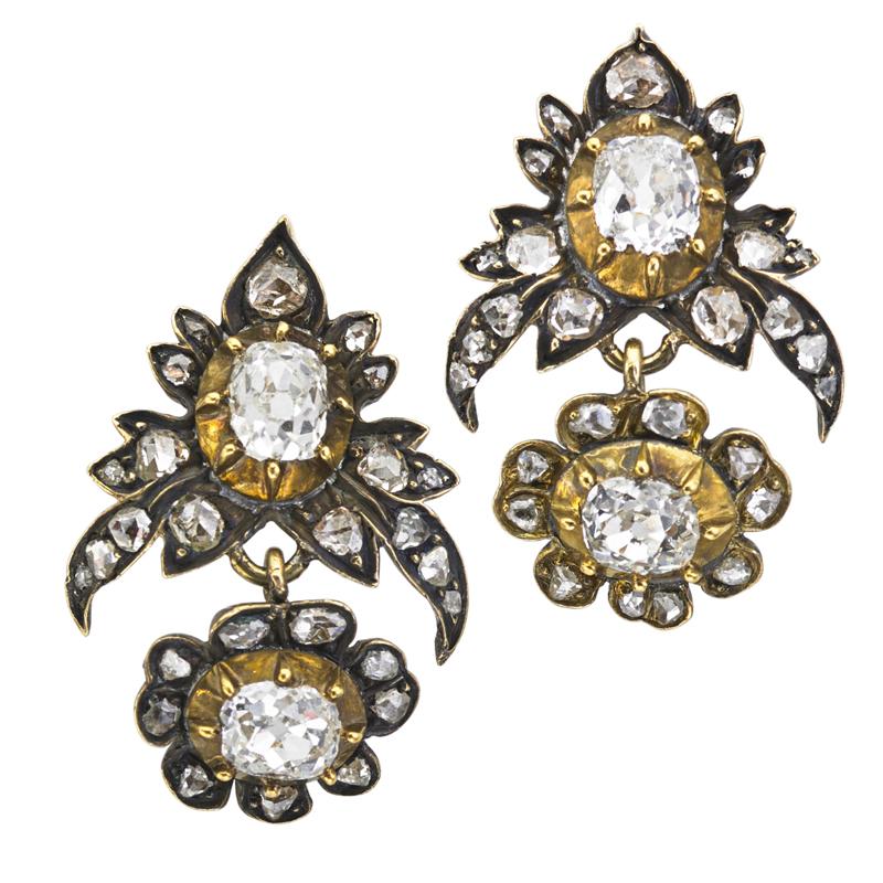 Appraisal: VICTORIAN OMC AND ROSE CUT DIAMOND DROP EARRINGS Diamond foliate