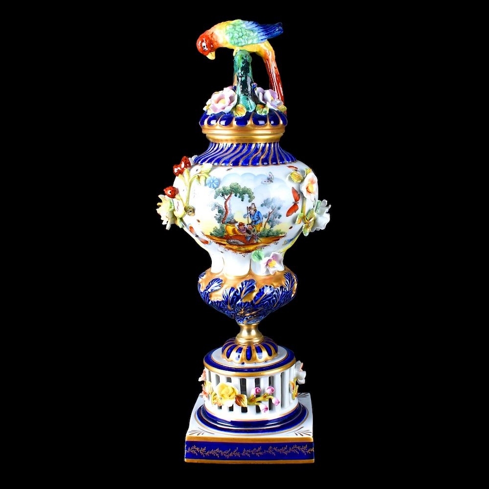 Appraisal: Sevres Urn Modern Sevres Porcelain Urn Colorful parrot finial and