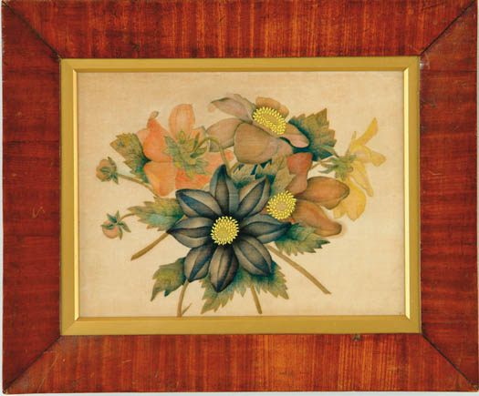 Appraisal: FRAMED THEOREM Watercolor on cloth floral arrangement Center buds have