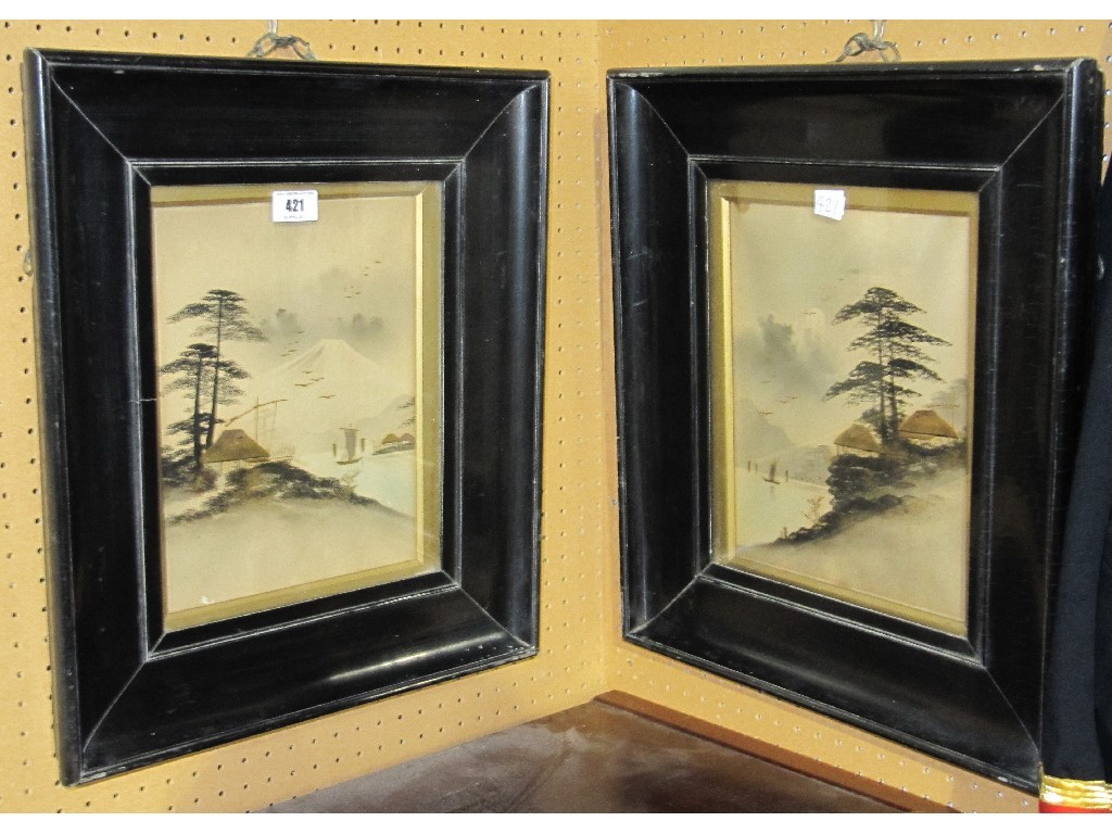 Appraisal: Pair of framed oriental picture - lake scenes