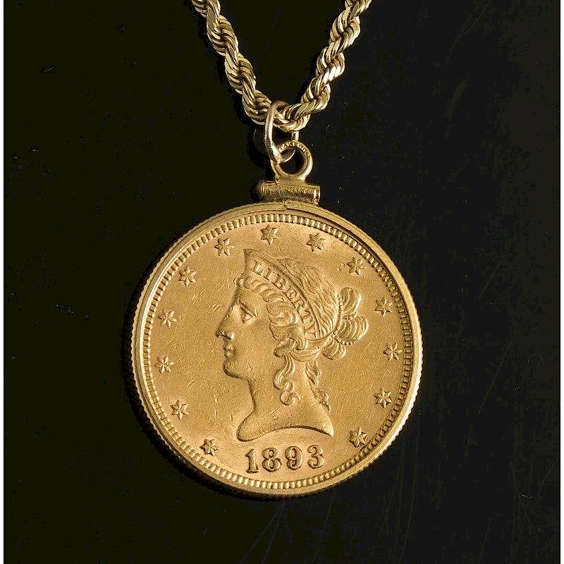 Appraisal: Liberty Head Gold Coin In k Bezel w Chain Liberty