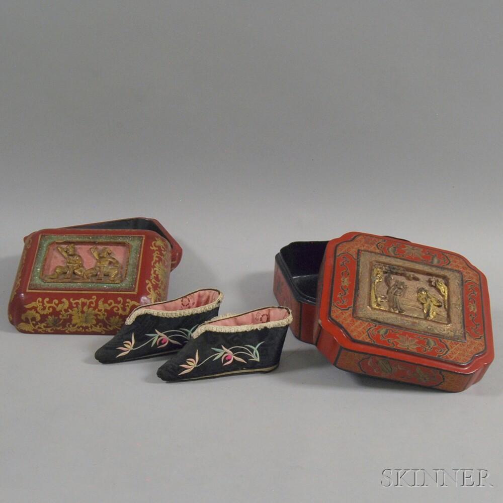 Appraisal: Two Chinese Red Lacquer Boxes and a Pair of Shoes