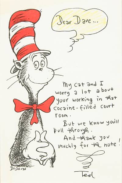 Appraisal: GEISEL THEODORE DR SEUSS MENTIONS CAT COCAINE Autograph Letter Signed