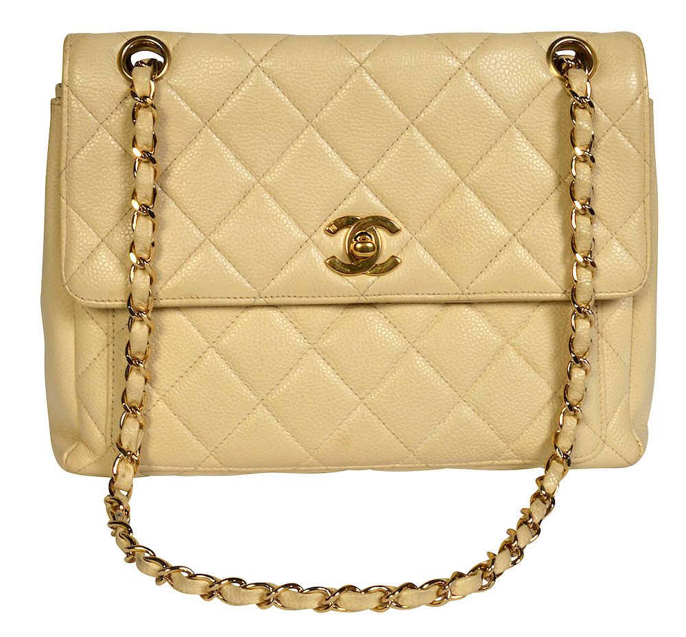 Appraisal: Beige Colored CHANEL Caviar Leather Shoulder Bag Chanel quilted caviar