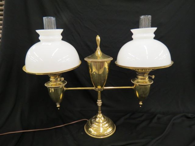 Appraisal: Brass Double Student Lamp milk glass shades with chimneys still