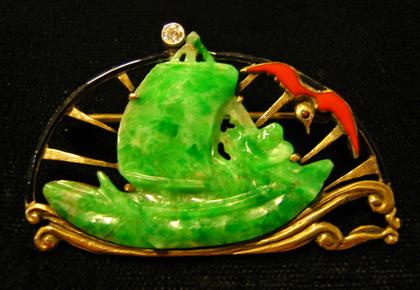 Appraisal: karat yellow gold spinach jade diamond and enamel crescent pin'Ship'