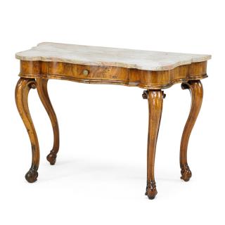 Appraisal: ITALIAN ROCOCO WALNUT CONSOLE TABLE Faux painted marble top with