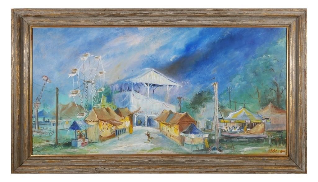 Appraisal: Oil on board painting of a county fair with circus