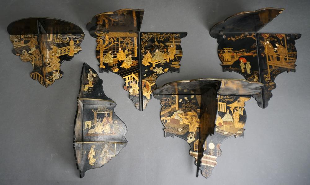 Appraisal: Five Chinese Gilt Decorated Black Lacquer Folding Brackets