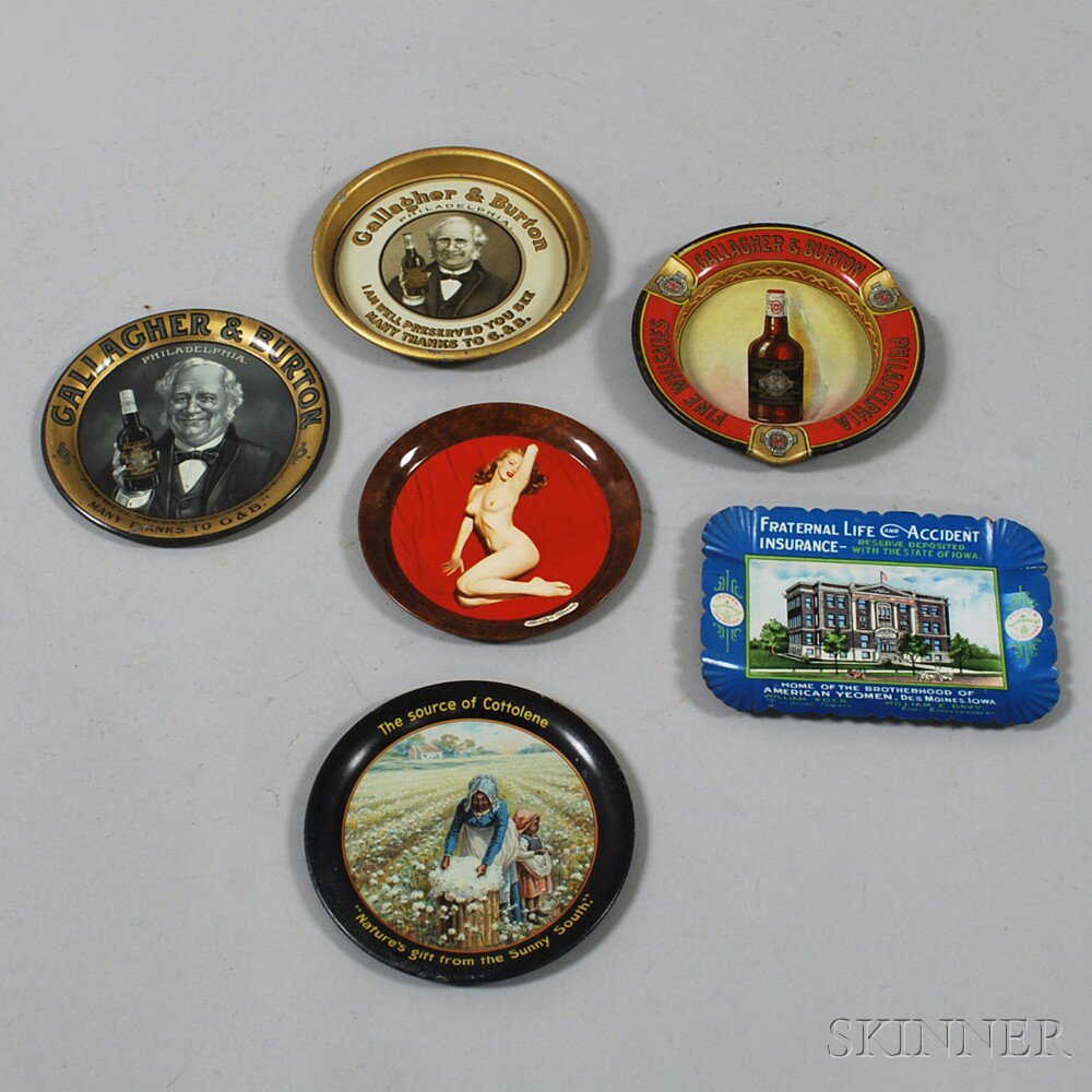 Appraisal: Six Tin Advertising and Collectible Ashtrays including a nude Marilyn