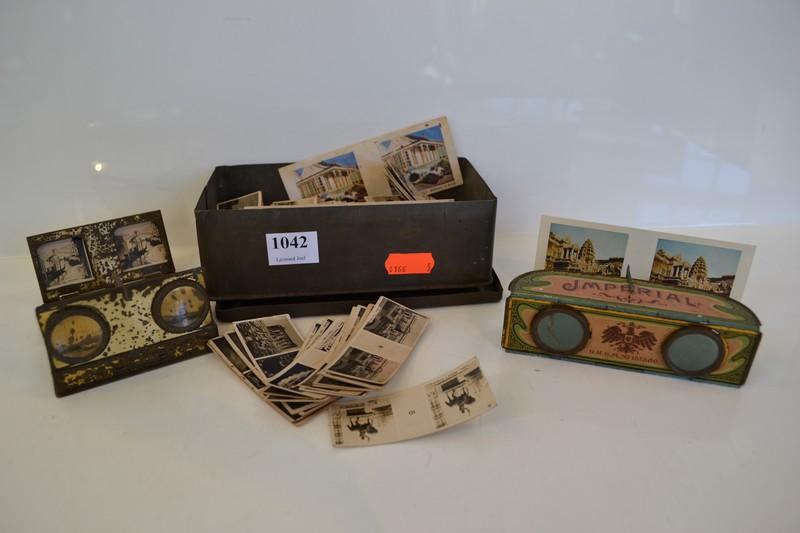 Appraisal: TWO FOLD-UP CIGARETTE STEREOSCOPE VIEWERS WITH APPROX STEREO CARDS