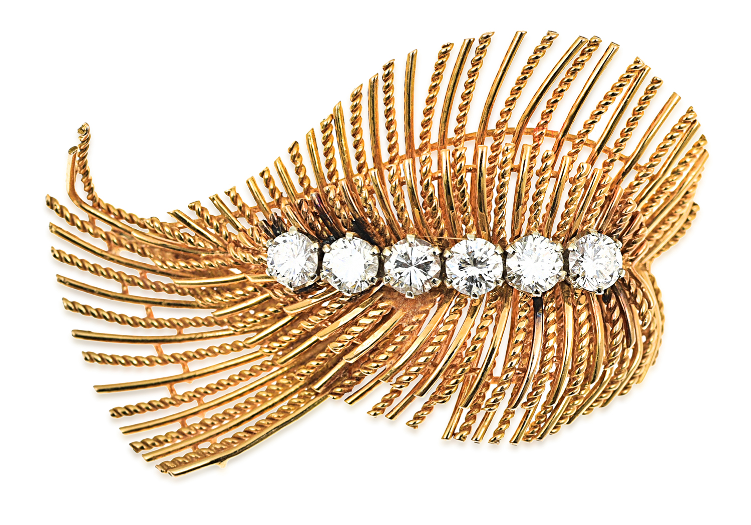 Appraisal: A GOLD AND DIAMOND COCKTAIL BROOCH Featuring six round brilliant