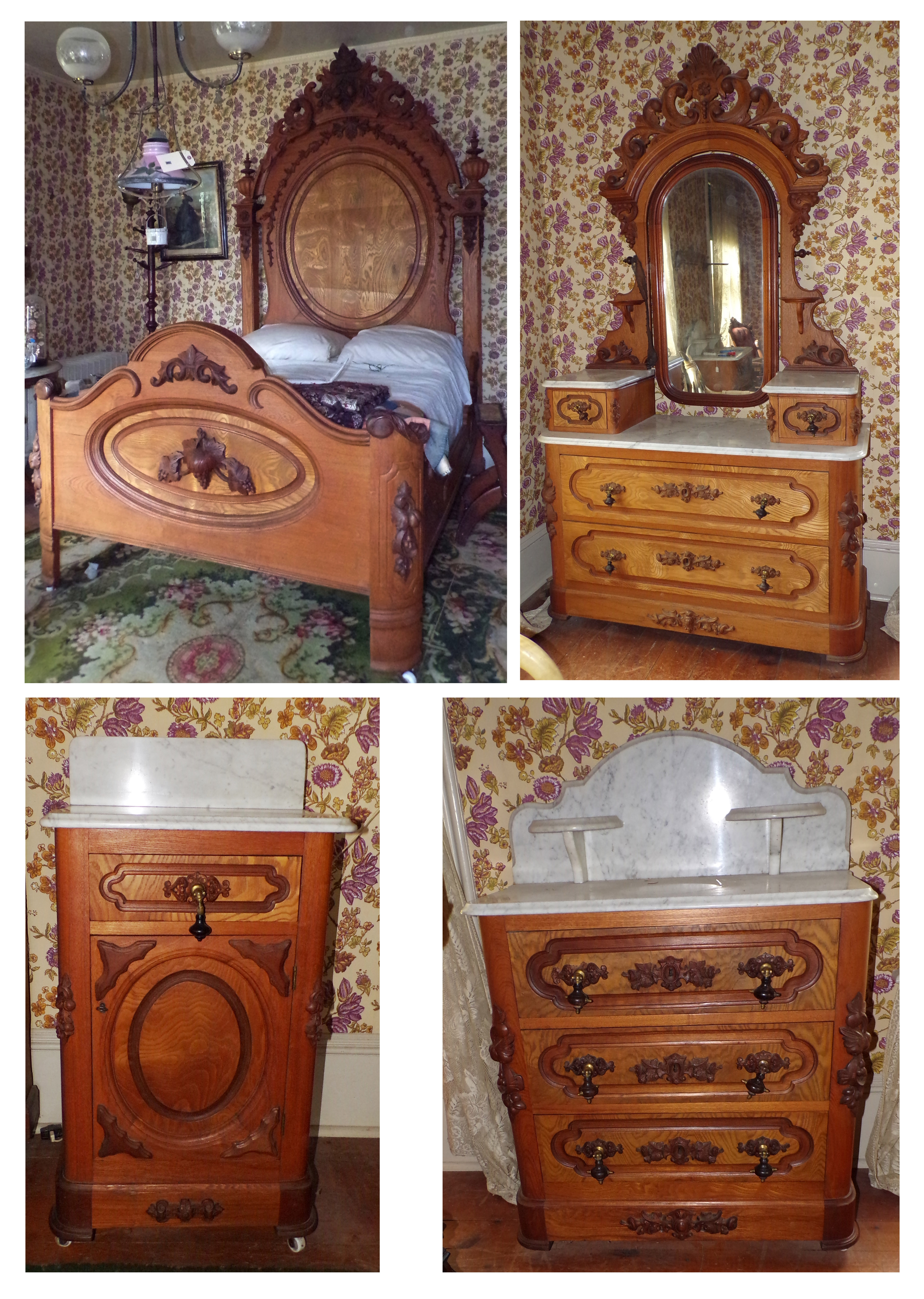 Appraisal: -Pc Victorian chestnut with walnut carvings bedroom suite- bed marble