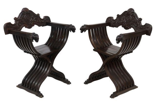 Appraisal: pair Italian walnut Savonarola chairs early th c carved back