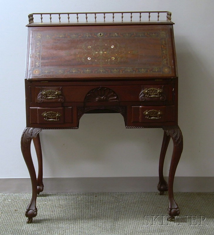 Appraisal: Late Victorian Brass and Polychrome Inlaid Carved Mahogany Slant-lid Lady's