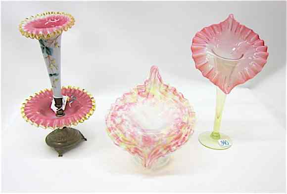 Appraisal: THREE PIECES AMERICAN ART GLASS hand enameled epergne with bowl