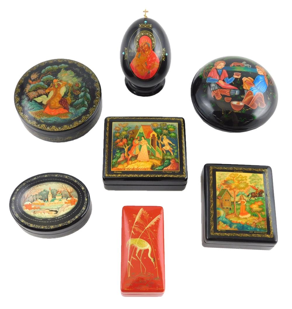 Appraisal: Six miniature Russian hand-painted boxes and one egg boxes are