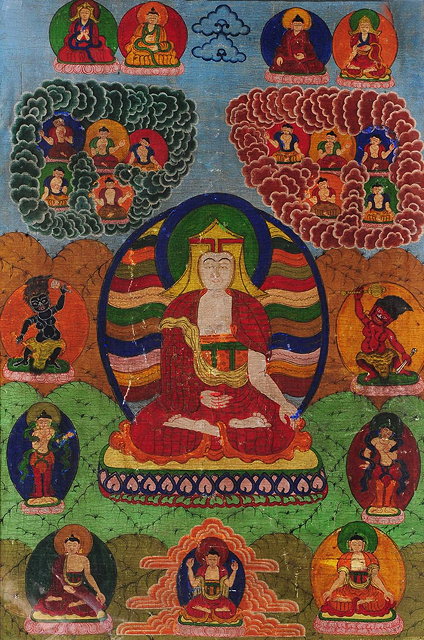 Appraisal: Tibetan Schoollate th CenturyA framed thanka with central kneeling Amitayus