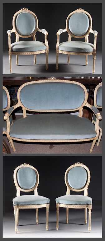 Appraisal: Louis XVI style painted wood five-piece parlor suite Estimate -