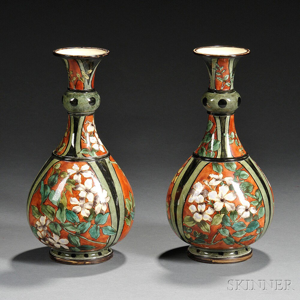 Appraisal: Pair of Doulton Lambeth Faience Vases England c bottle shapes